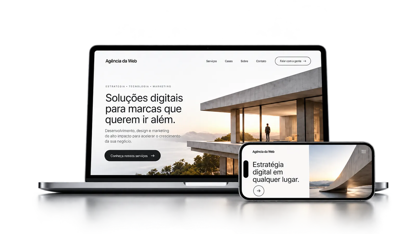 Notebook e celular exibindo o site da Agência da Web sobre fundo branco, com as palavras MARKETING DIGITAL em letras grandes ao fundo